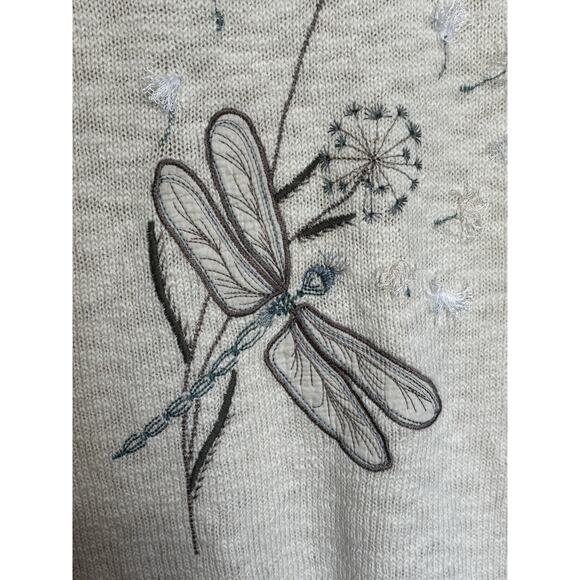 Coldwater Creek Ivory White Wings Wishes Sweater Dragonfly Dandelions XL - Picture 2 of 9